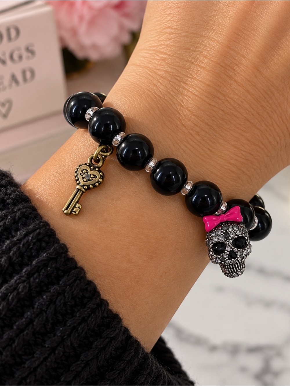 Betsey Johnson Black Beaded Bracelet with Skull Charm and Pink Bow‎